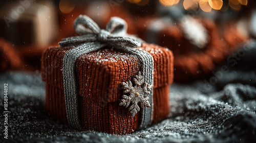 A festive gift box wrapped in fabric with a decorative snowflake ornament.