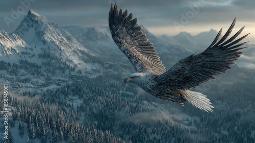 Majestic Eagle Soaring Above Snowy Mountain Peaks