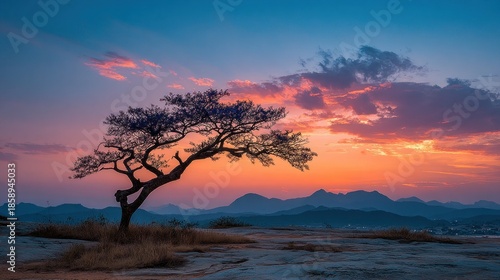 Silhouetted Tree at Sunset Over a Mountain Ridge