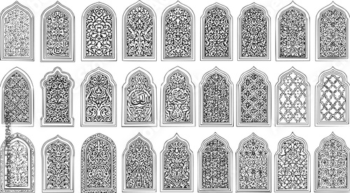 Tableau sur toile Islamic Architecture Line Art: Black and White Hand-drawn Arches and Windows fea
