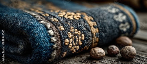 Close-up of folded textile with embroidery next to a few small round stones