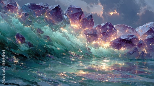 Radiant Crystal Peaks Emerge from a Sparkling Azure Wave