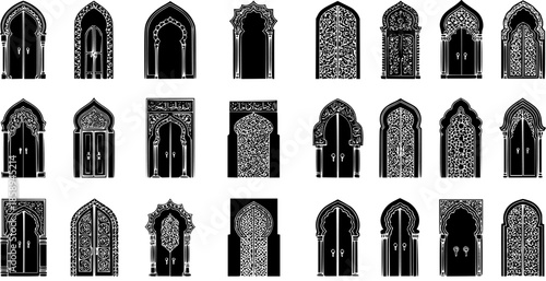Islamic Architecture Doors Vector Silhouette Collection. Decorative Arabic Gateways, Oriental Entrances, and Moroccan Arch Design Elements in Black and White Glyph Style for Cultural