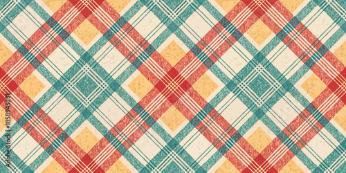 Colorful plaid pattern in red, blue, and cream tones, perfect for fabric and textile designs.