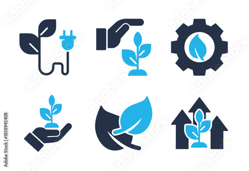 Green Economic Growth and Sustainability icon set. Solid glyph series icons