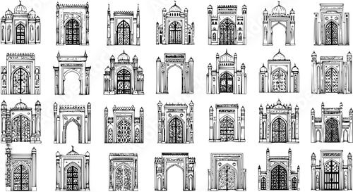 Architecture, History  Culture: Hand-drawn Black and White Line Art Sketch Collection of Islamic and Oriental Temple, Mosque, and Palace Building Facades, Gates, and Archways