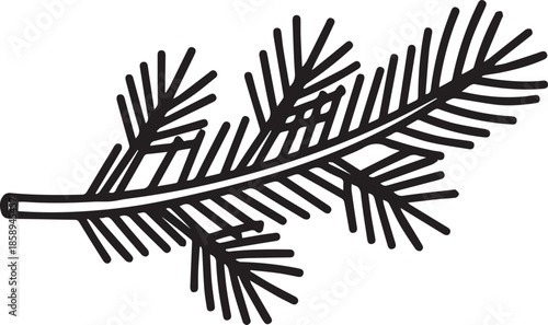 A minimalist black and white vector illustration of a pine branch featuring detailed needles, suitable for winter themes, holiday decorations, or nature-inspired graphic designs.