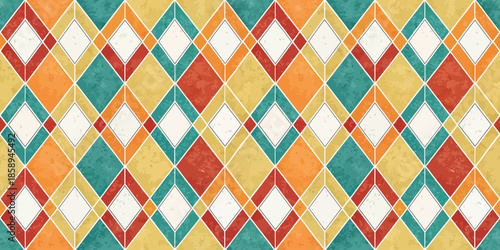 Colorful retro diamond pattern with vibrant hues of orange, teal, yellow, and white.