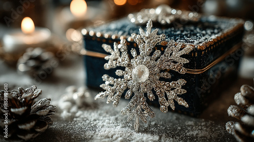 Elegant snowflake-shaped jewelry piece on a festive background with candles.