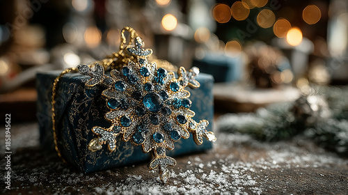 Ornate jewelry piece resting on a wrapped gift with blurred festive background.