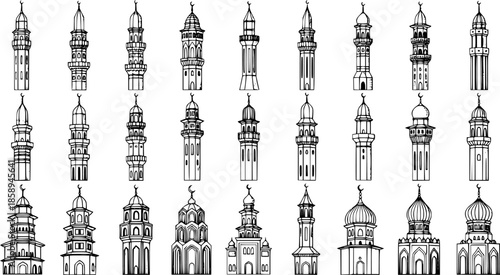 Hand-drawn Black and White Line Art Minarets and Mosque Domes Collection. Vector set of diverse Islamic religious architecture elements, mosque towers, and cultural symbols in sketch style.