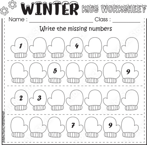 Winter kids worksheet : write the missing numbers