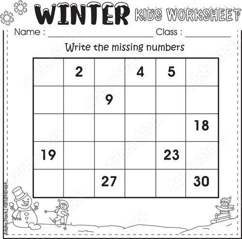 Winter kids worksheet : write the missing numbers.