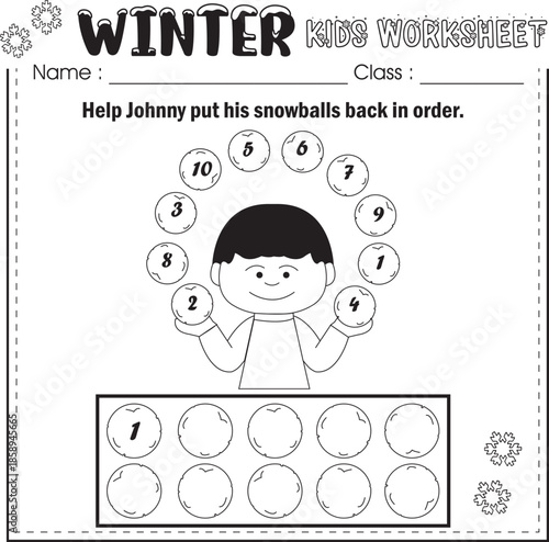Winter kids worksheet : Johnny and snowballs.