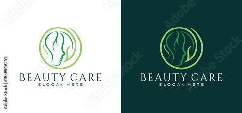 Green Combination Beauty logo vector featuring an illustration of a woman's face symbolizing natural skincare and cosmetic elegance.