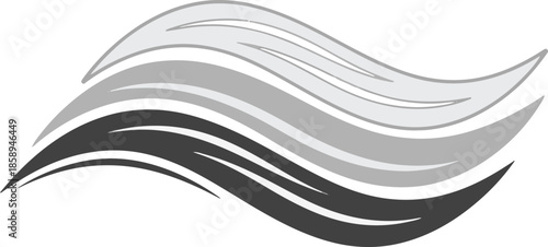Abstract grayscale vector illustration featuring layered, flowing waves in three shades. A modern, minimalist graphic representing fluid motion, water, or hair-like organic curves.