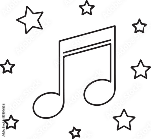 A minimalist black and white line art vector of a musical beamed eighth note surrounded by five scattered stars, representing a hit song, magical melody, or nighttime lullaby.