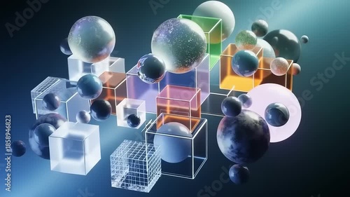 Colorful geometric shapes floating in a digital space