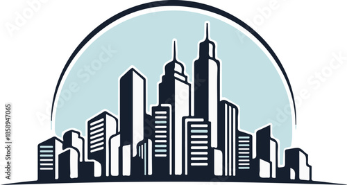 A sleek vector illustration of a modern city skyline silhouette with towering skyscrapers set against a light blue semicircular sky, representing urban development and metropolitan life.