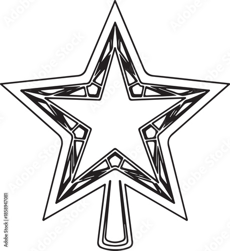 A black and white line art vector of a decorative five-pointed star tree topper, featuring intricate geometric internal patterns and a base for placement on a Christmas tree branch.