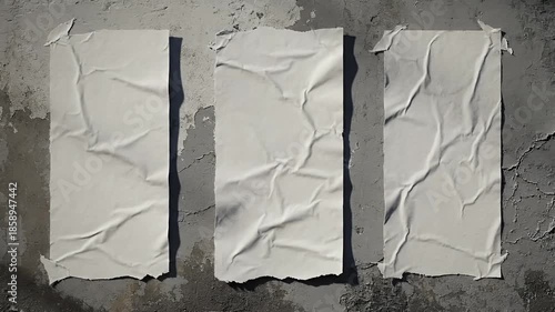 Three crumpled white paper posters on a textured concrete wall.