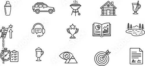 Set of 15 black line icons for leisure, achievement, nature, and lifestyle concepts, ideal for vector illustration content