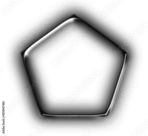 A shiny metallic silver pentagon shape with a soft shadow effect on a white background.