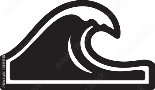 Bold, minimalist vector icon of a curling ocean wave. High-contrast black silhouette with clean white accents, ideal for modern logos, app icons, and branding.