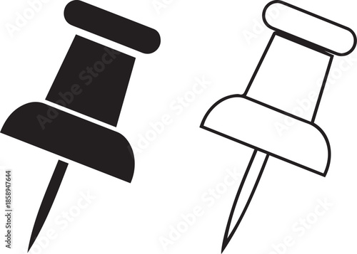 A minimalist vector graphic featuring a pair of pushpins or thumbtacks. One is shown with a solid black fill, and the other is a clean black outline, perfect for office or organization themes.