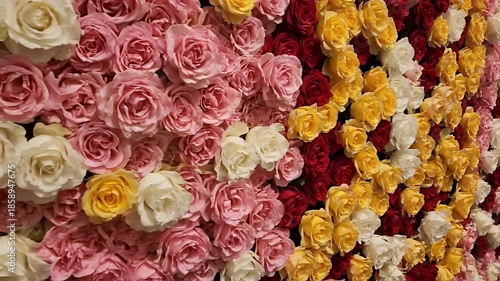 A Vibrant Wall of Assorted Roses in Full Bloom.