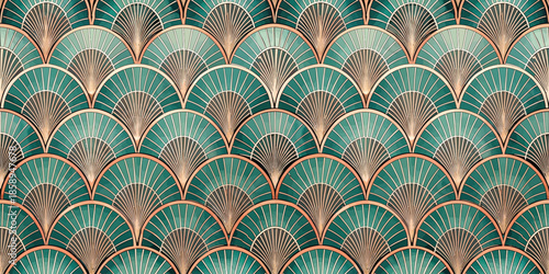 Elegant art deco pattern featuring teal and gold fan motifs, perfect for stylish backgrounds.