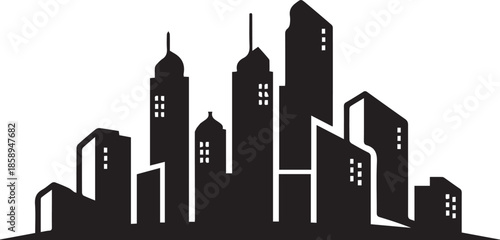 A solid black silhouette of a modern city skyline, featuring various skyscrapers and high-rise buildings of different heights and architectural styles.