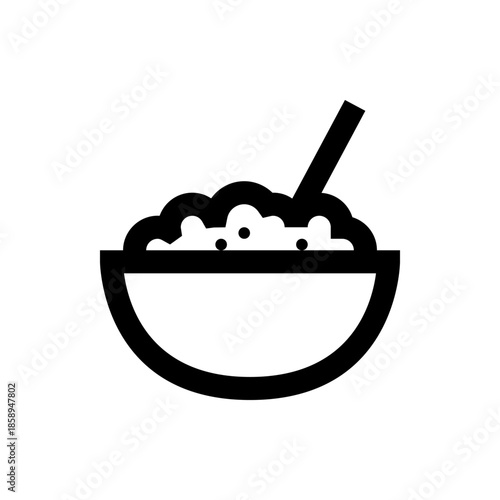 Simple Outline Icon of a Bowl of Porridge or Oatmeal with a Spoon Ready to Eat, Isolated on a White Background