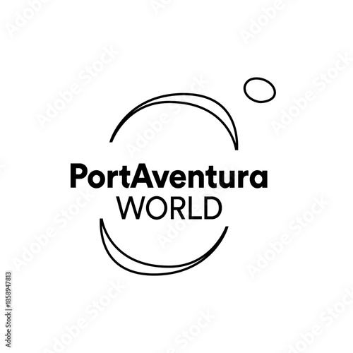PortAventura World logo displayed in black and white, featuring abstract circular shapes and text, representing a theme park.