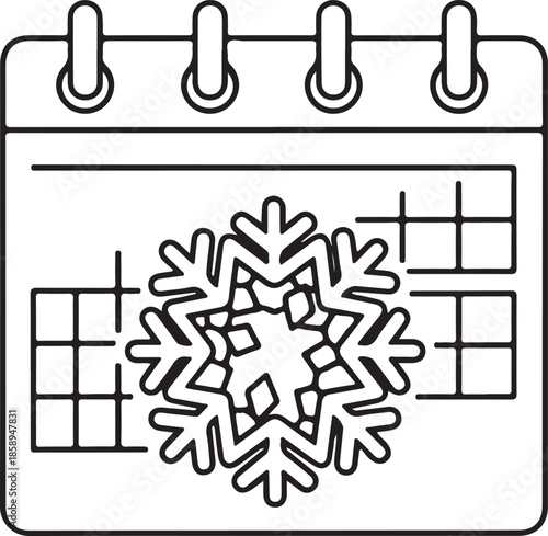 A black and white line art vector of a calendar featuring a large, central snowflake over a grid, representing winter scheduling, holiday planning, or seasonal weather tracking.