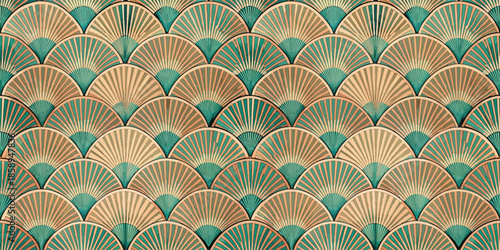 Elegant art deco pattern with teal and gold fans creating a stunning visual effect.