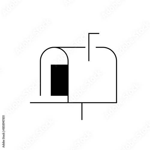 Minimalist black and white illustration of a classic mailbox with an open flag, conveying communication and delivery concepts, simple vector icon.