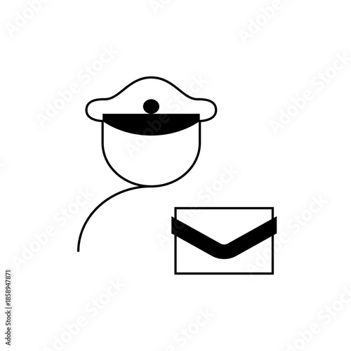 Stylized outline of a postal worker wearing a cap holding a letter, graphic icon representing mail delivery services and communication, simple design.