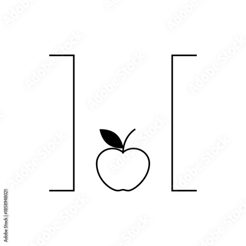 Simple Line Art Illustration of an Apple Centered Between Two Bracket Symbols, Isolated on White Background, Minimalist Design Concept