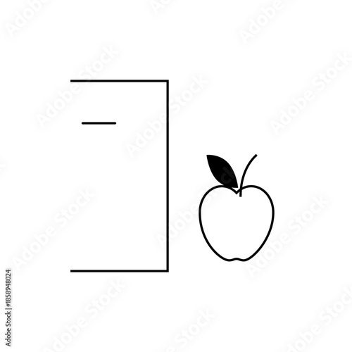 A simple outline drawing of an apple with a leaf to the right of an incomplete square bracket and a horizontal line, representing spatial relationships.