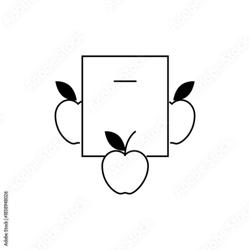 Simple Line Art Illustration of a Square Box with Three Apples Placed Around It, Emphasizing Spatial Relationships and Basic Shapes