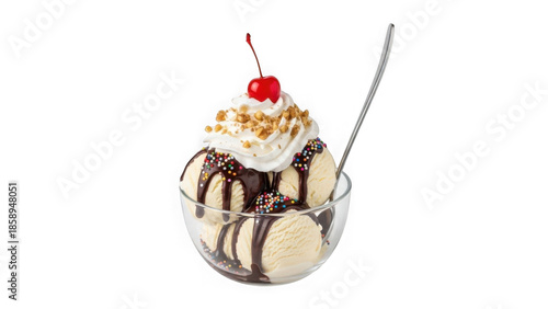Vanilla ice cream sundae with cherry and sprinkles isolated on transparent background