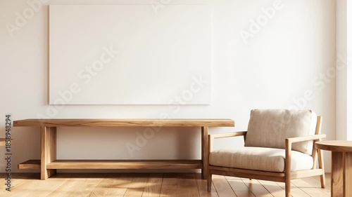 Minimalist Living Room with Wooden Furniture and Blank Canvas.