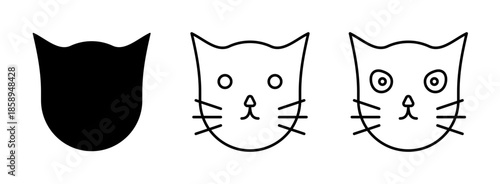 Cat icon set. Simple black and white striped cat head emoticon image. Isolated vector.