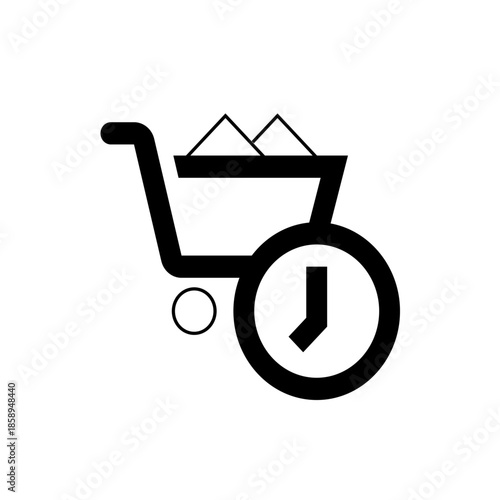 Shopping cart icon with clock overlay symbolizing efficient online shopping, quick delivery, and time-sensitive purchasing decisions
