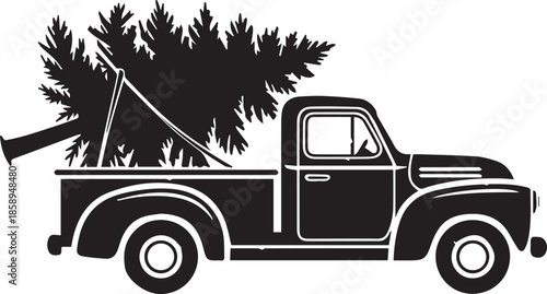 A solid black silhouette of a classic vintage pickup truck hauling a large evergreen Christmas tree in its flatbed, representing seasonal holiday transport and traditions.