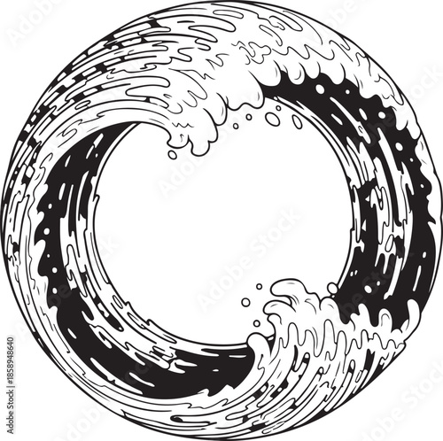 A dynamic black and white vector illustration of an ocean wave curling into a circular frame. The high-contrast, hand-drawn style captures the energy of foaming water and cresting surf.