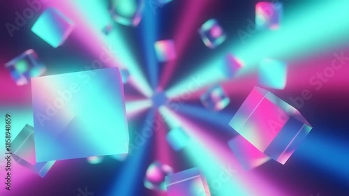 Colorful geometric shapes floating in vibrant space