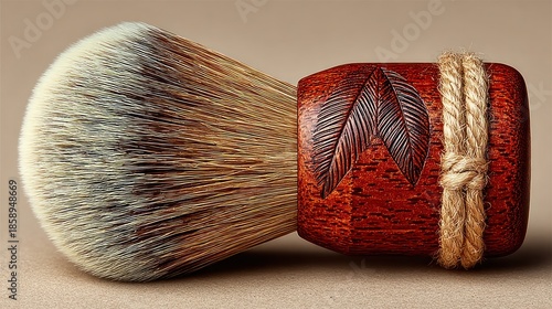 Close-up of a shaving brush with detailed carved handle and soft bristles
