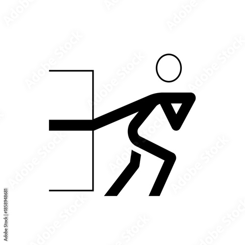 Stick figure person pushing a door open with determined effort, stylized icon graphic representing movement and action